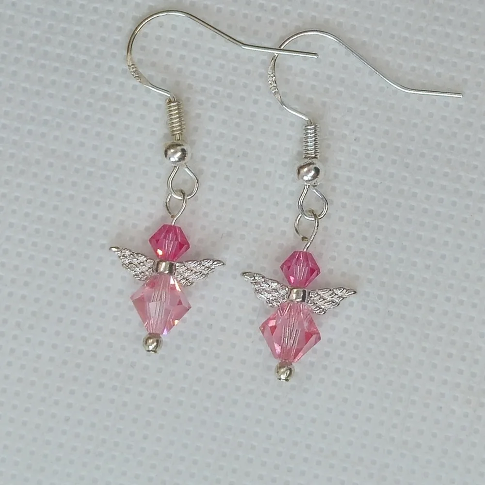 Handmade Pink AB Crystal Guardian Angel Sterling Silver Earrings Handmade by me! - Picture 8 of 14
